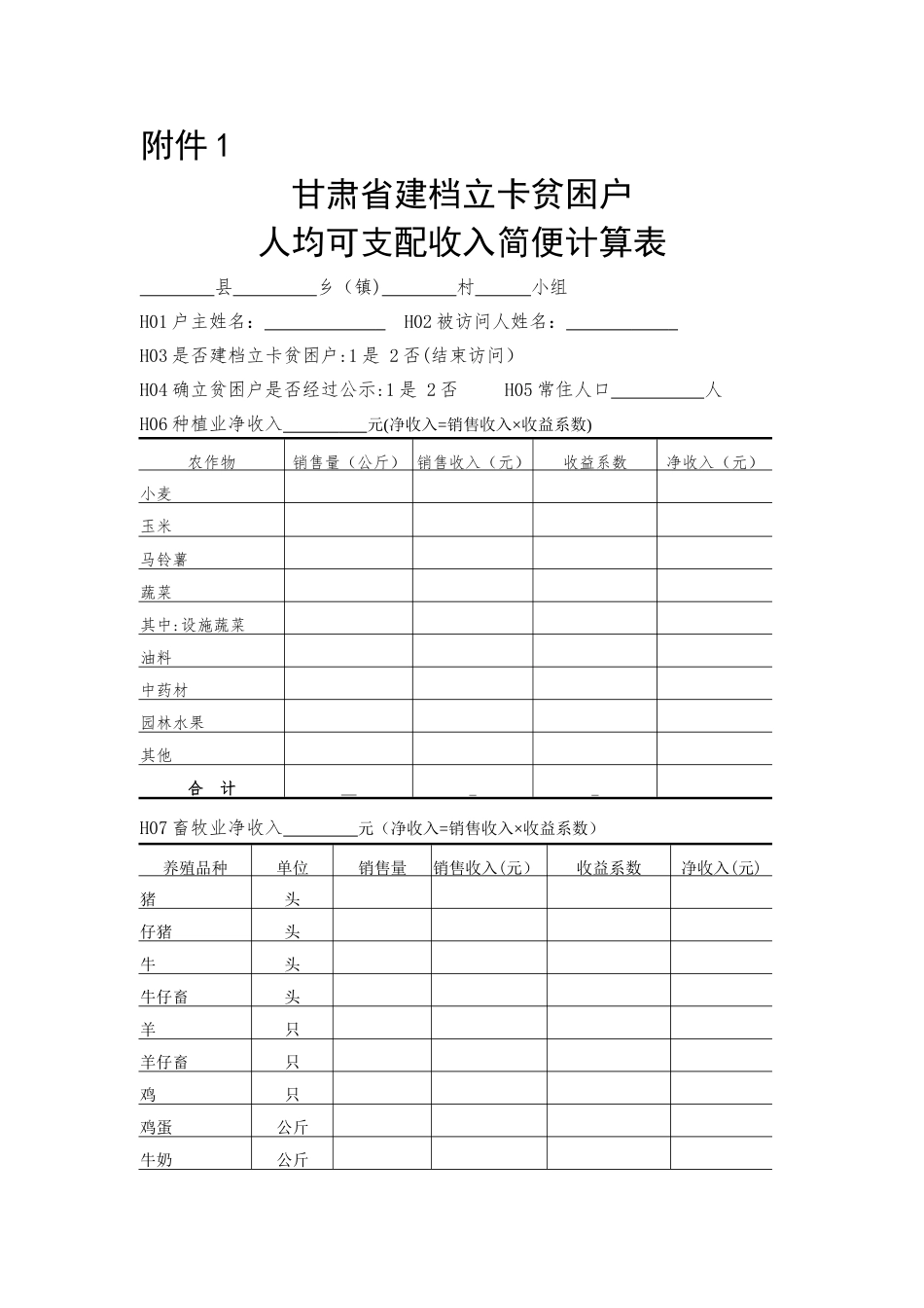 甘肃省建档立卡贫困户人均可支配收入简便计算表_第1页