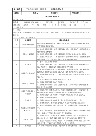 生产副总岗位说明、任职资格