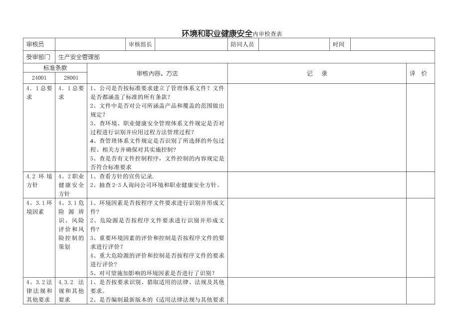 生产安全管理部环境和职业健康安全体系内审检查表_第1页