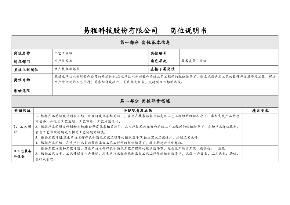生产技术部-工艺工程师岗位说明书_第1页