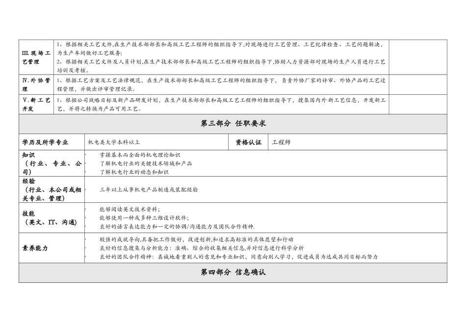 生产技术部-工艺工程师岗位说明书_第2页