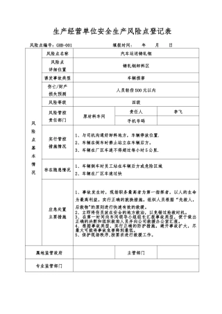 生产经营单位安全生产风险点登记表