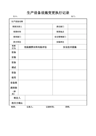 生产设备设施变更执行记录