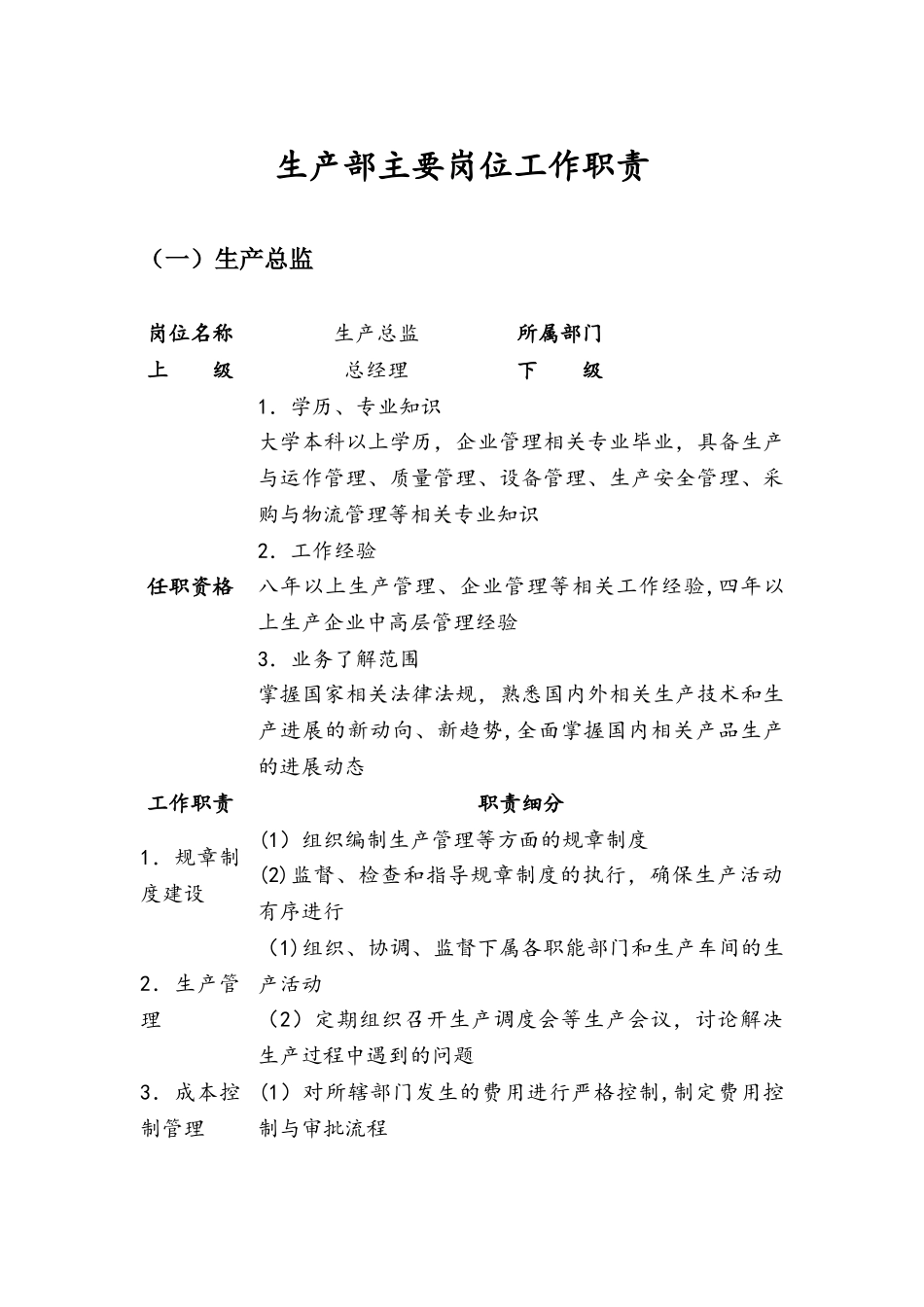 生产部主要岗位工作职责_第1页