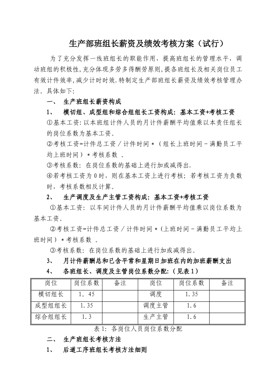 生产部班组长薪资及绩效考核方案_第1页