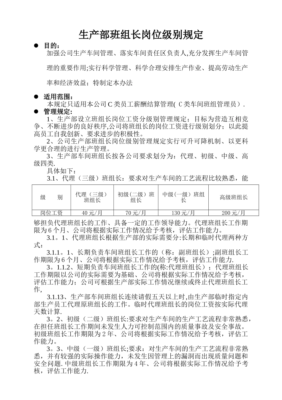 生产部班组长岗位级别规定_第1页