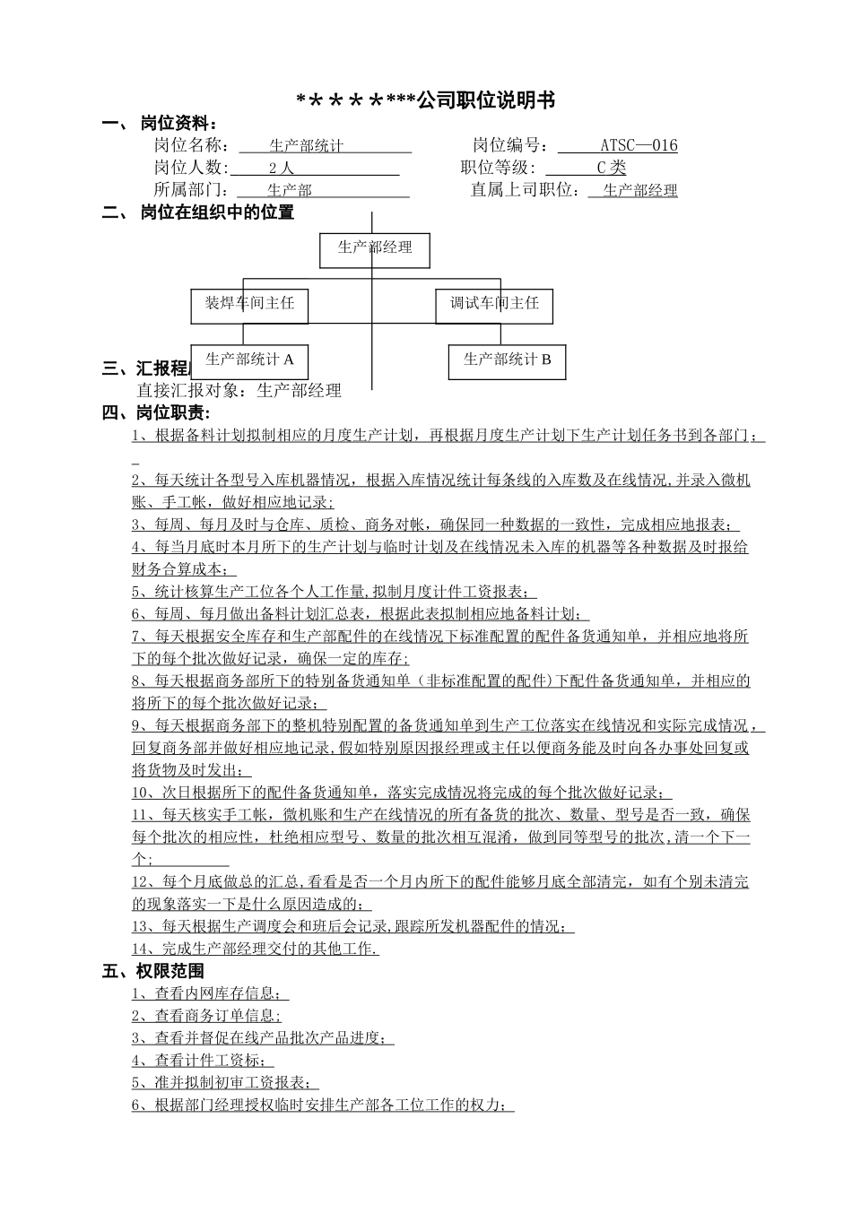生产部统计员职位说明书_第1页