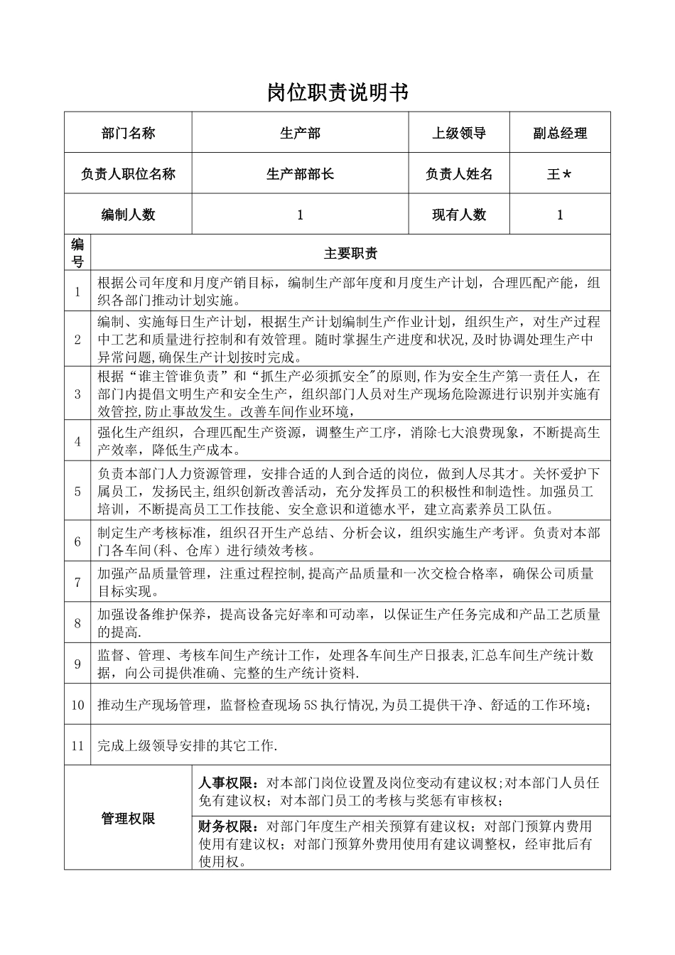 生产部长岗位职责说明书和KPI指标_第1页