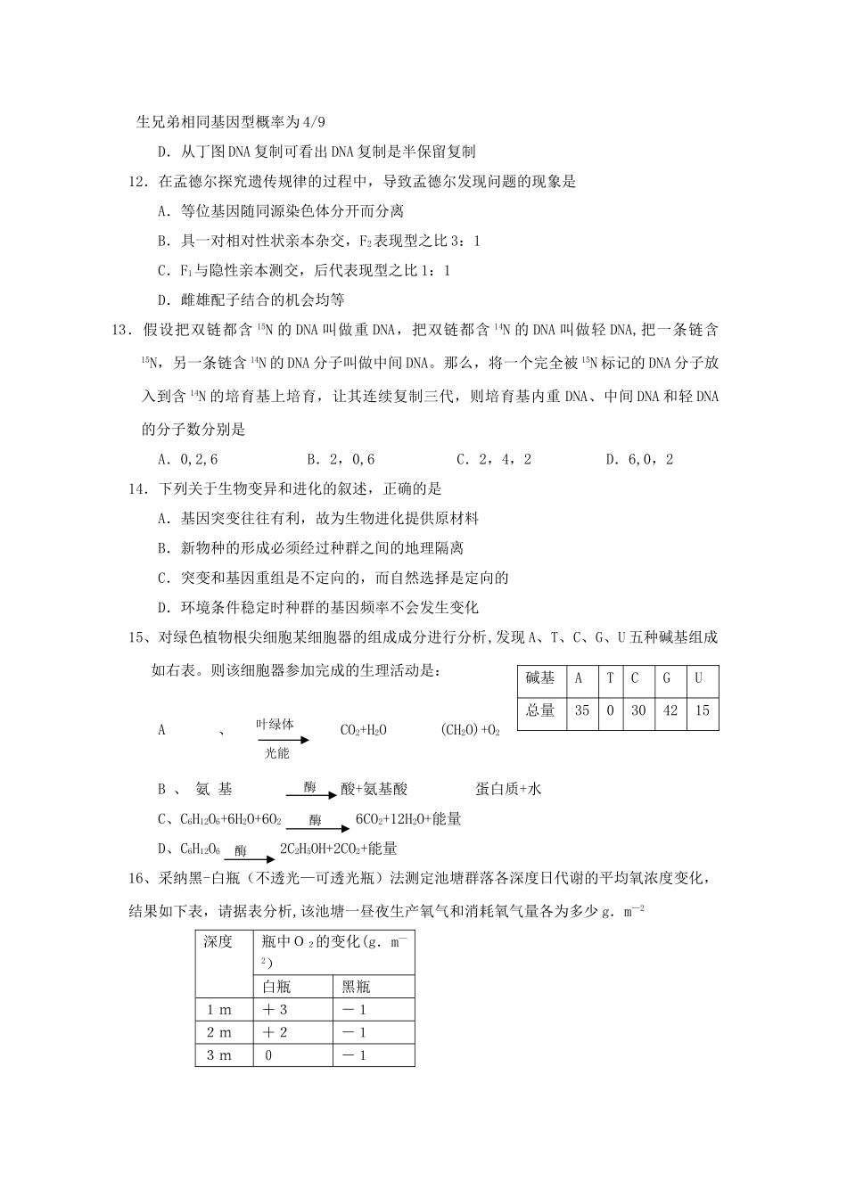 生物必修一必修二综合试卷及答案_第3页