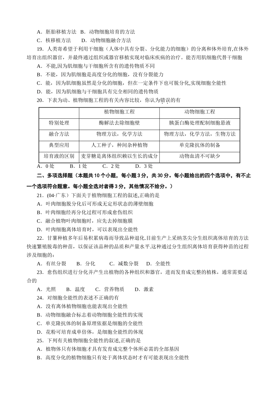 生物选修3专题2《细胞工程》综合测试题_第3页