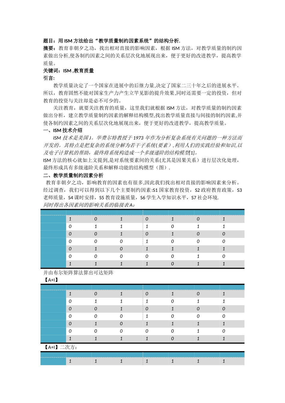 用ISM方法给出“教学质量制约因素系统”的结构分析_第1页