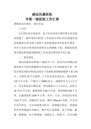 申报一级医院工作汇报