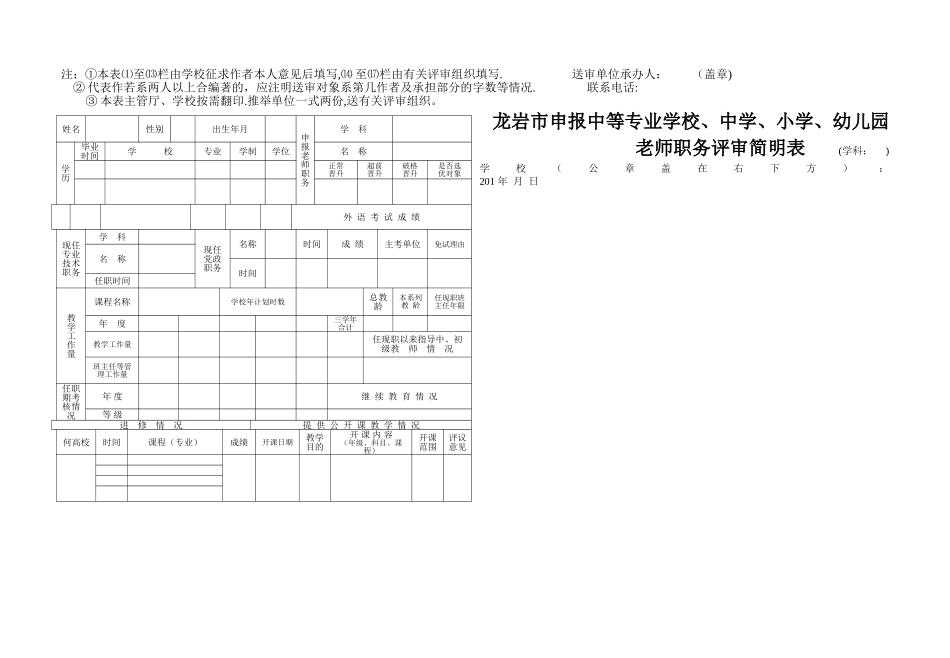 申报中学、小学、幼儿园教师职务人员代表作送审情况登记表_第2页