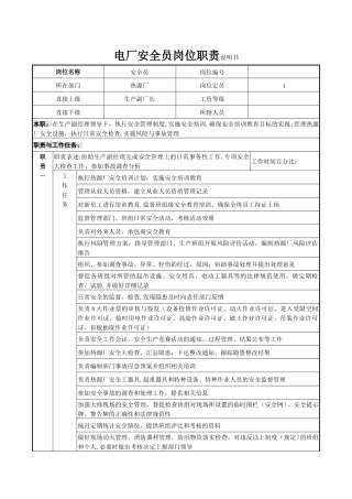 电厂安全员岗位职责说明书