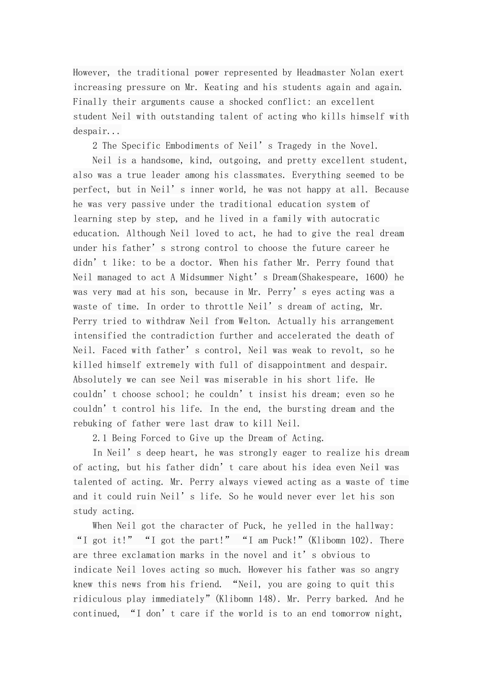 对小说《死亡诗社》中尼尔悲剧的原因分析  文学专业_第3页