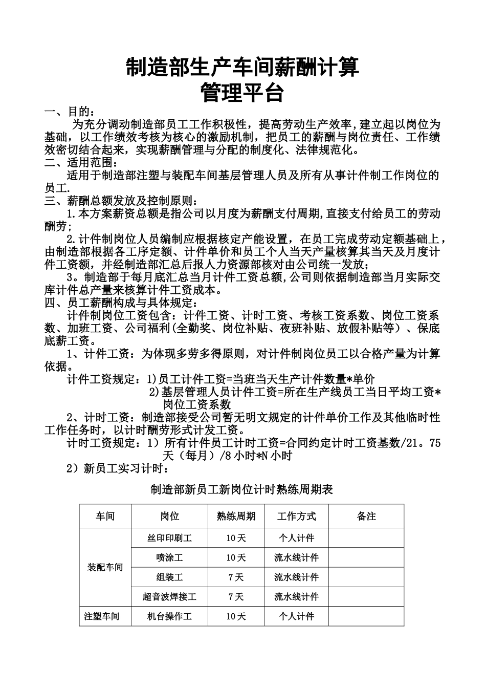 电子厂制造部员工薪酬细则表_第1页
