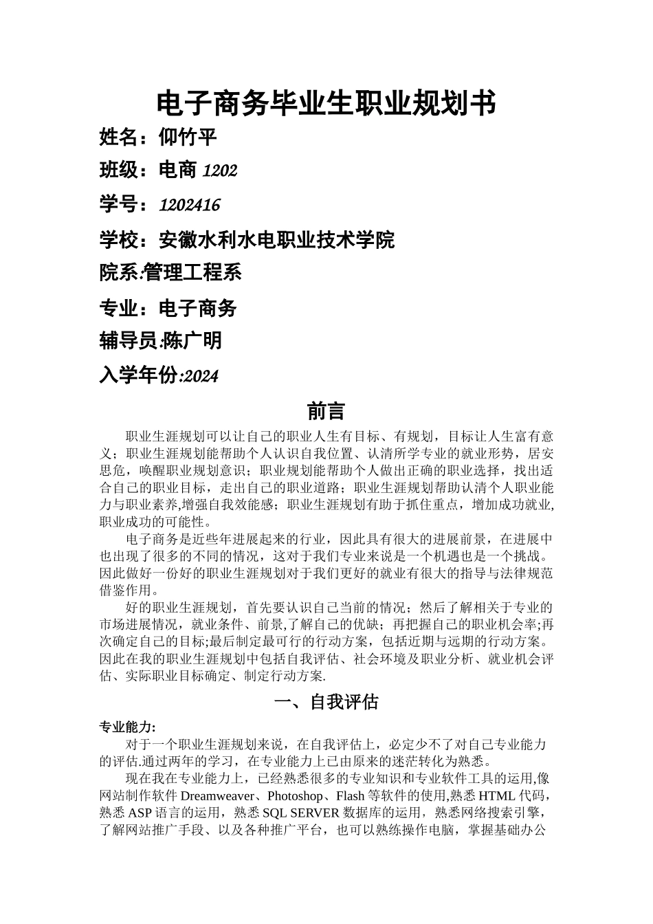 电子商务—大学生职业生涯规划_第1页