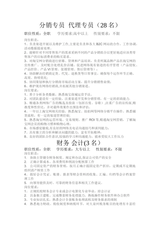 电子商务公司各招聘岗位职责与要求