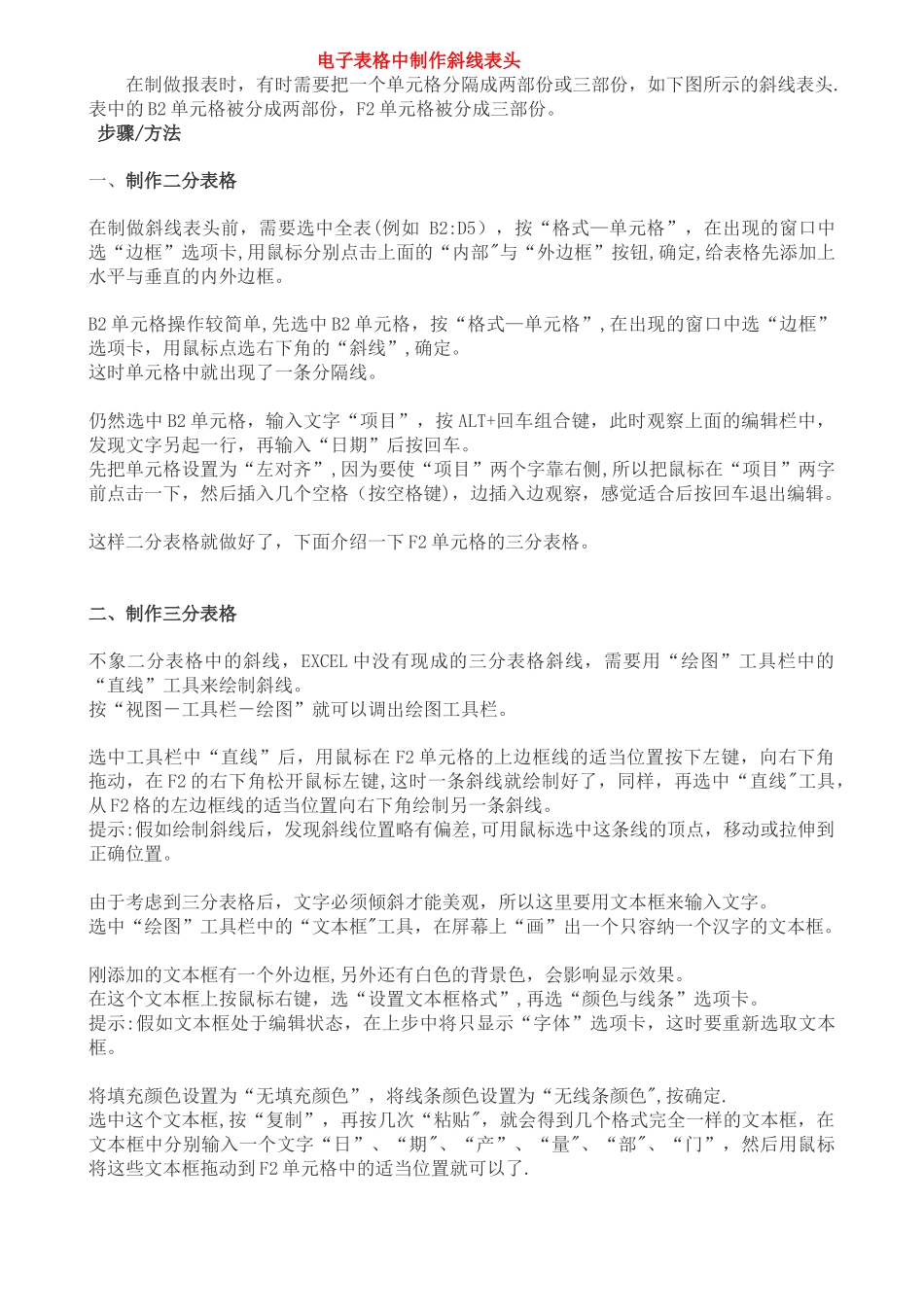 电子表格中制作斜线表头_第1页