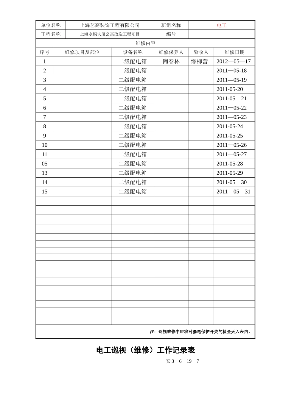 电工临时用电巡查记录表_第2页