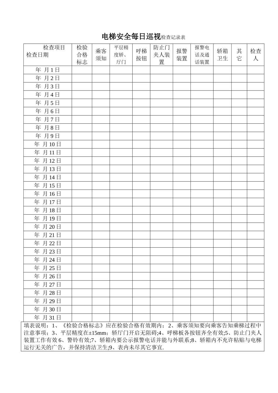 电梯安全日常检查记录表_第1页