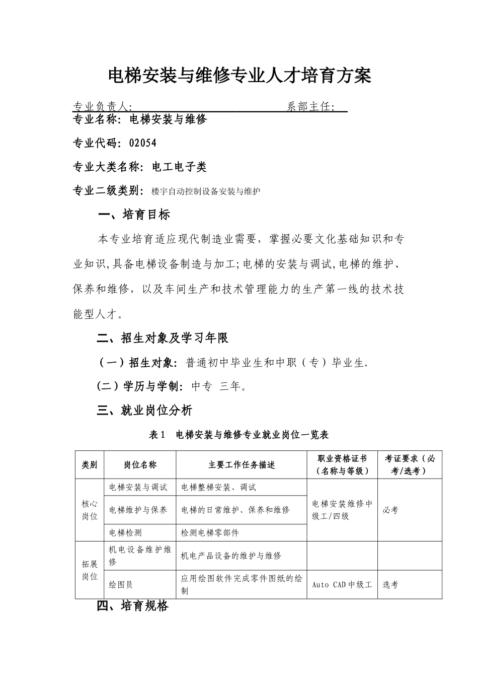 电梯安装与维修专业人才培养方案_第1页