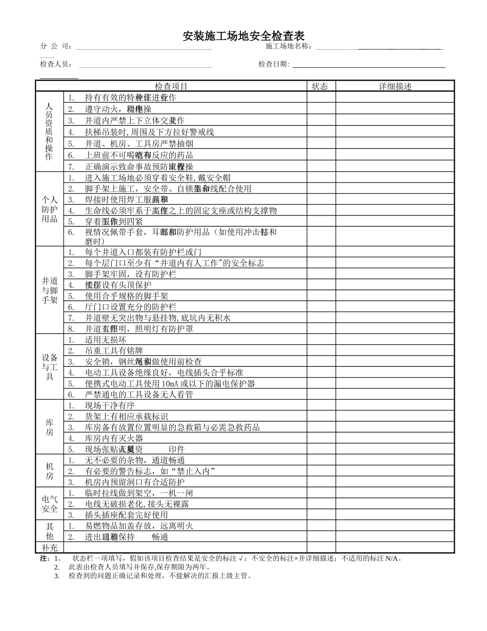 电梯安装工地安全检查表_第1页
