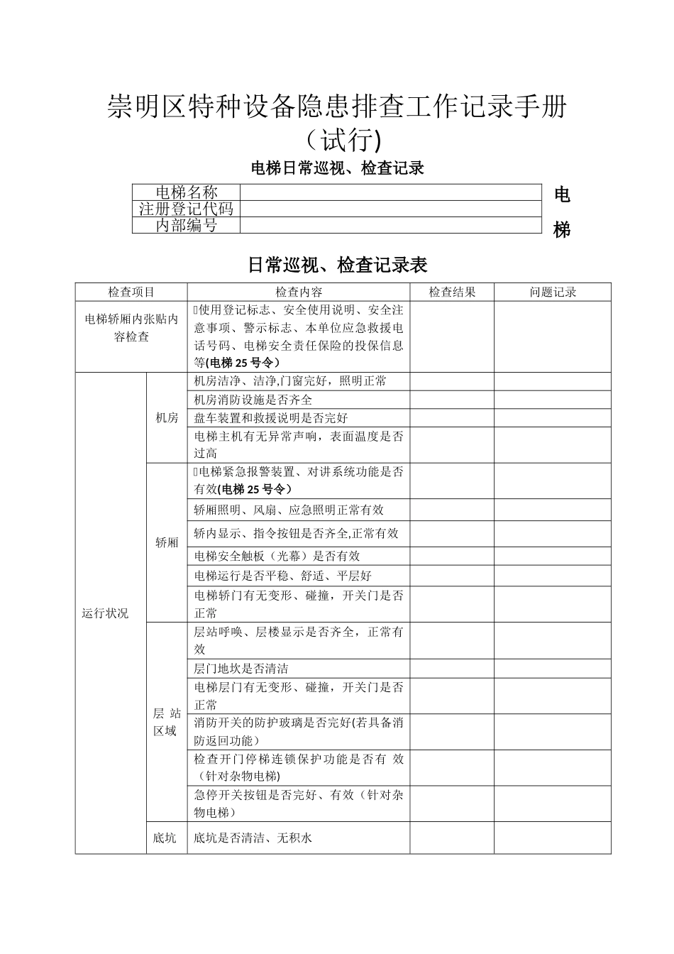 电梯日常巡视、检查记录表_第1页