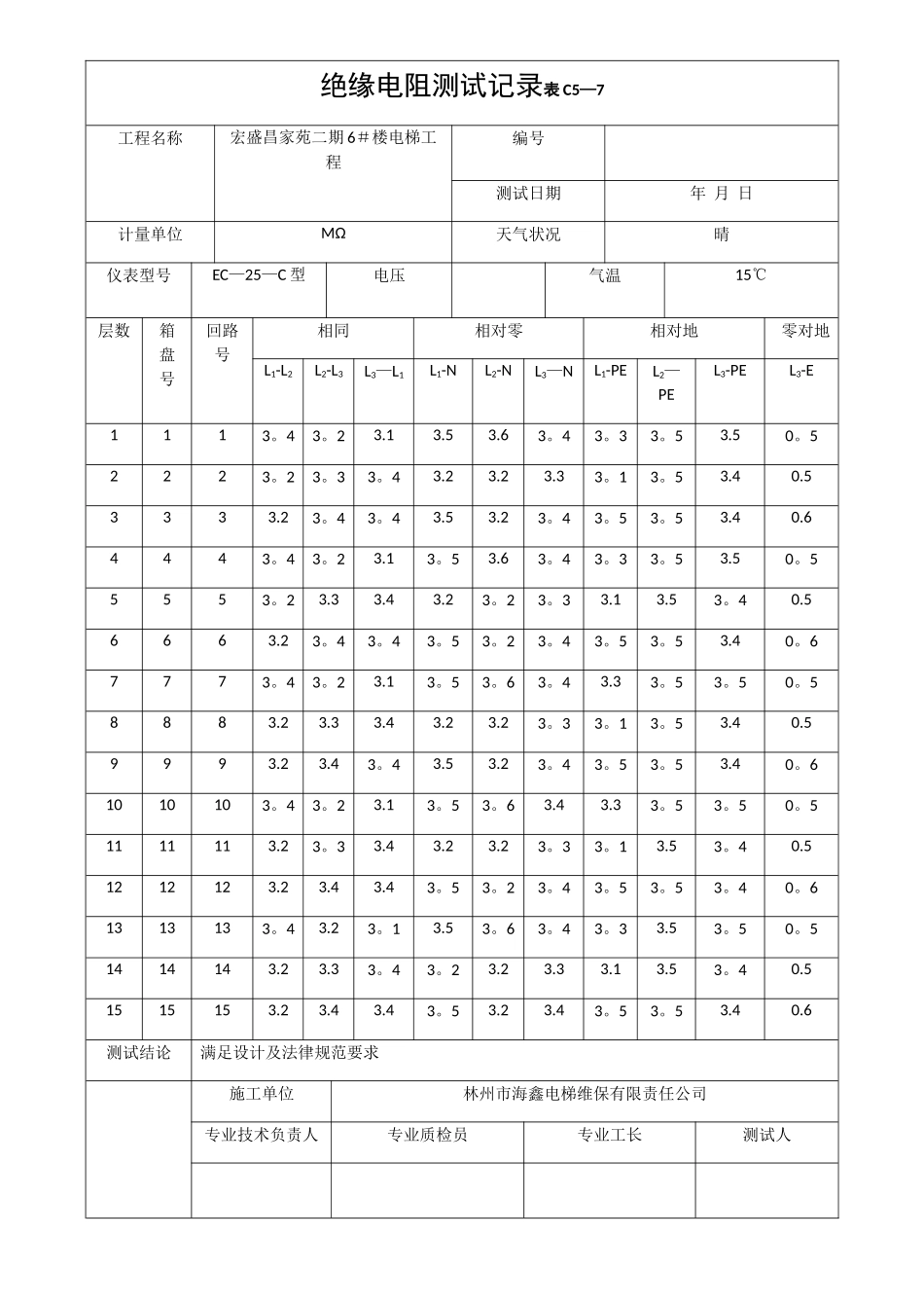 电梯绝缘电阻测试记录表_第1页