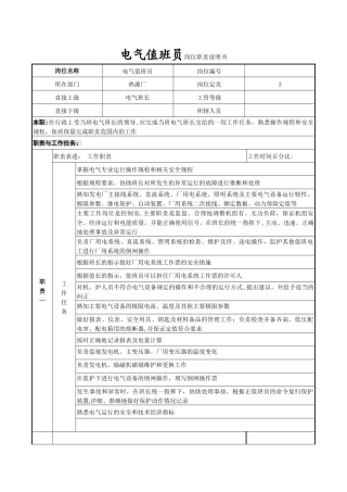电气值班员岗位职责说明书