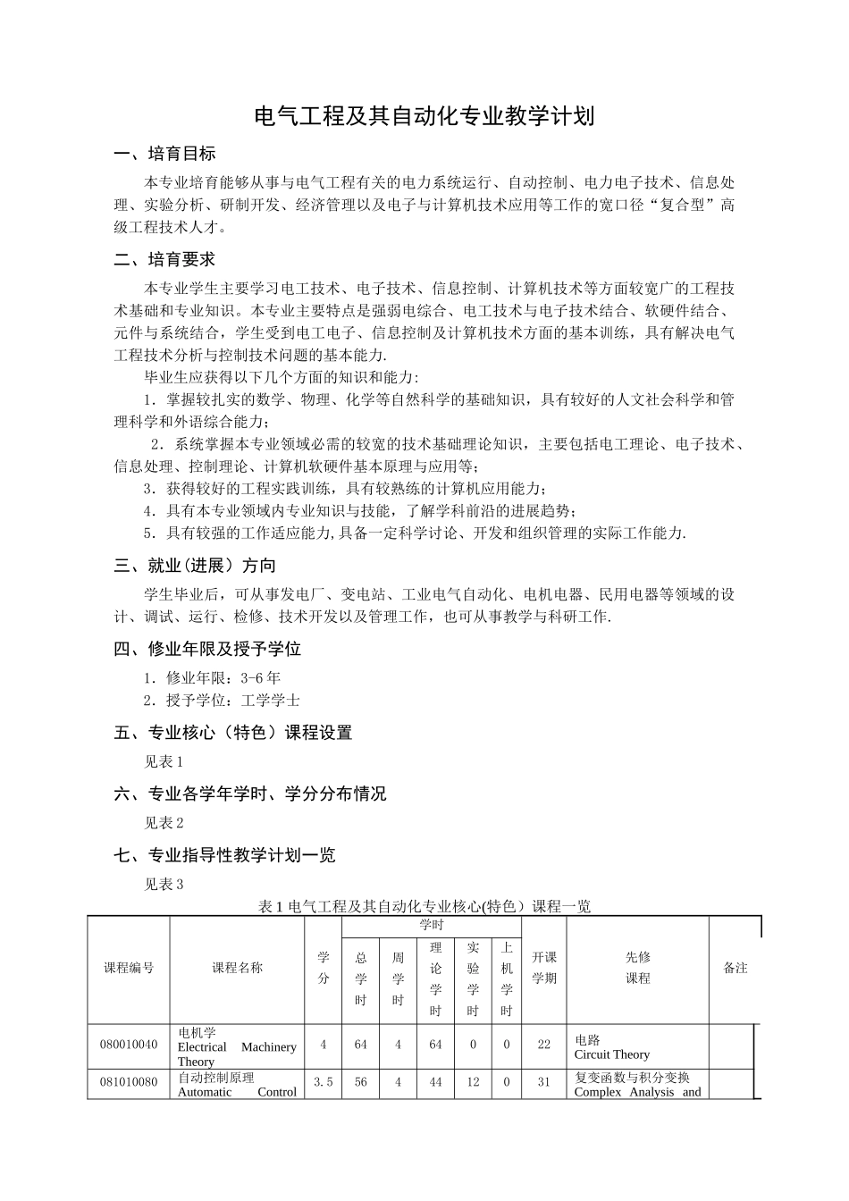 电气工程及其自动化专业教学计划_第1页