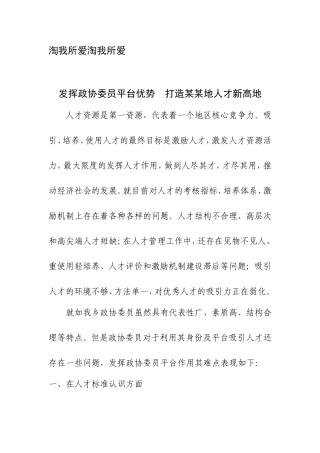 发挥政协委员平台优势  打造某某地人才新高地