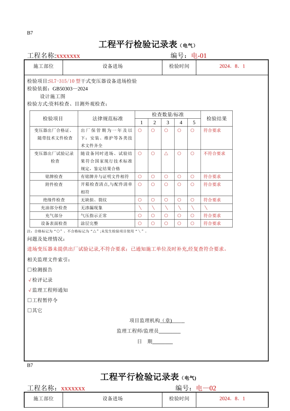 电气平行检验计划表格部分_第1页