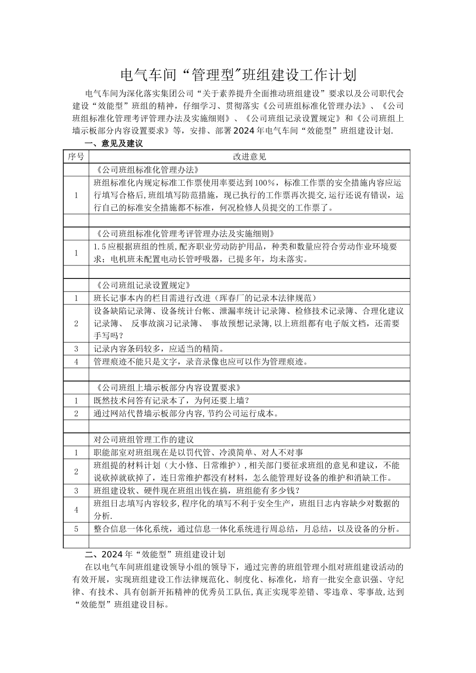电气车间班组建设建议及工作计划_第1页
