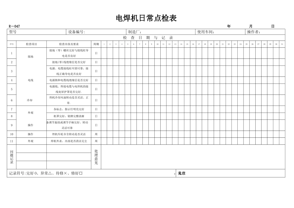 电焊机设备日常点检表_第1页