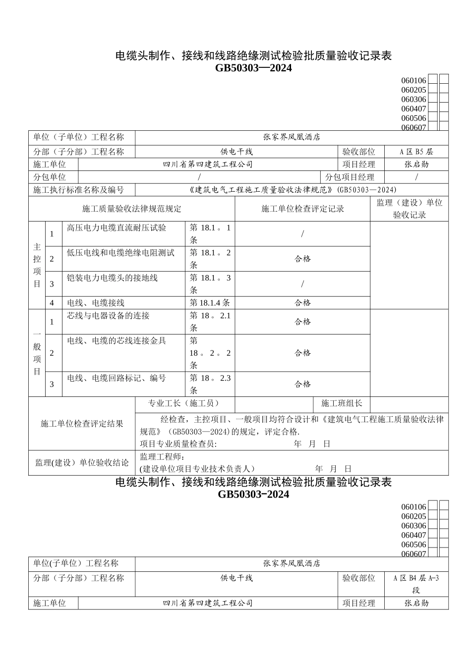 电缆头制作、接线和线路绝缘测试检验批质量验收记录表_第1页