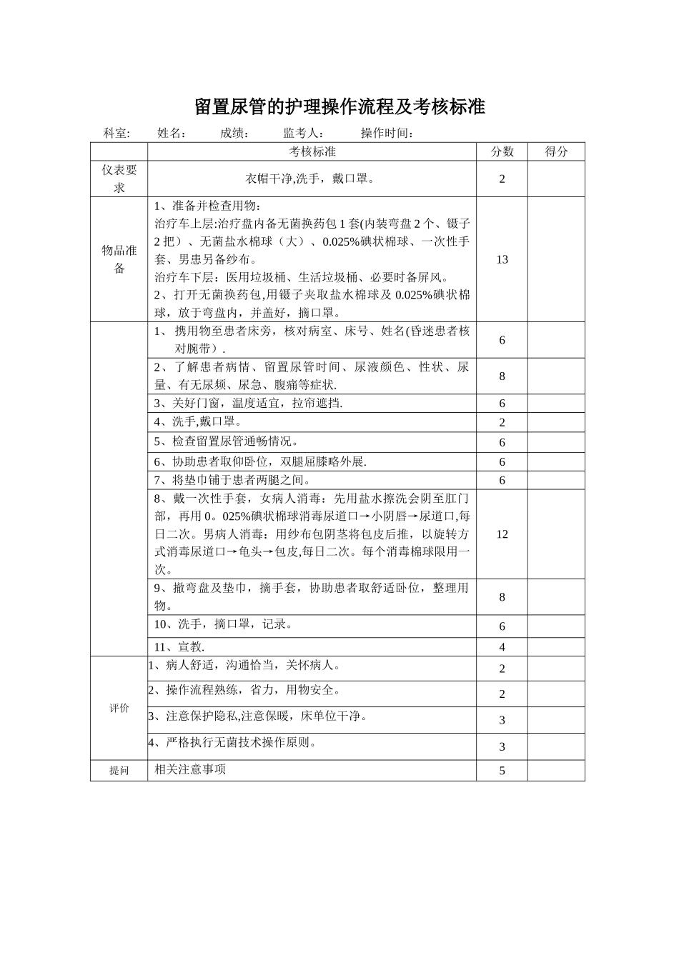 留置尿管的护理操作流程及考核标准_第1页