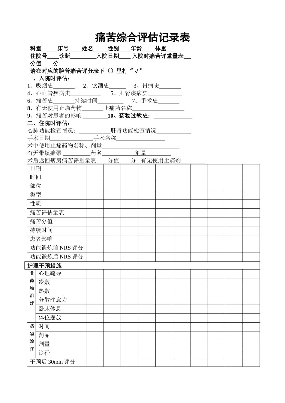 疼痛综合评估记录表_第1页