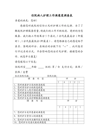 病人对护理工作满意度调查表