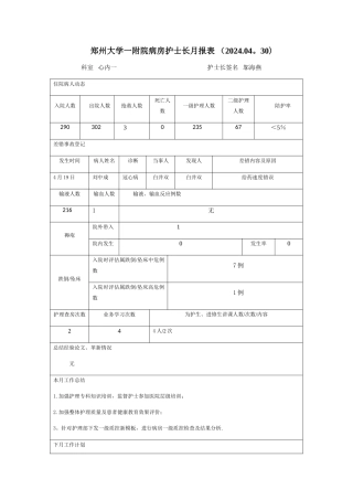 病房护士长月报表4月