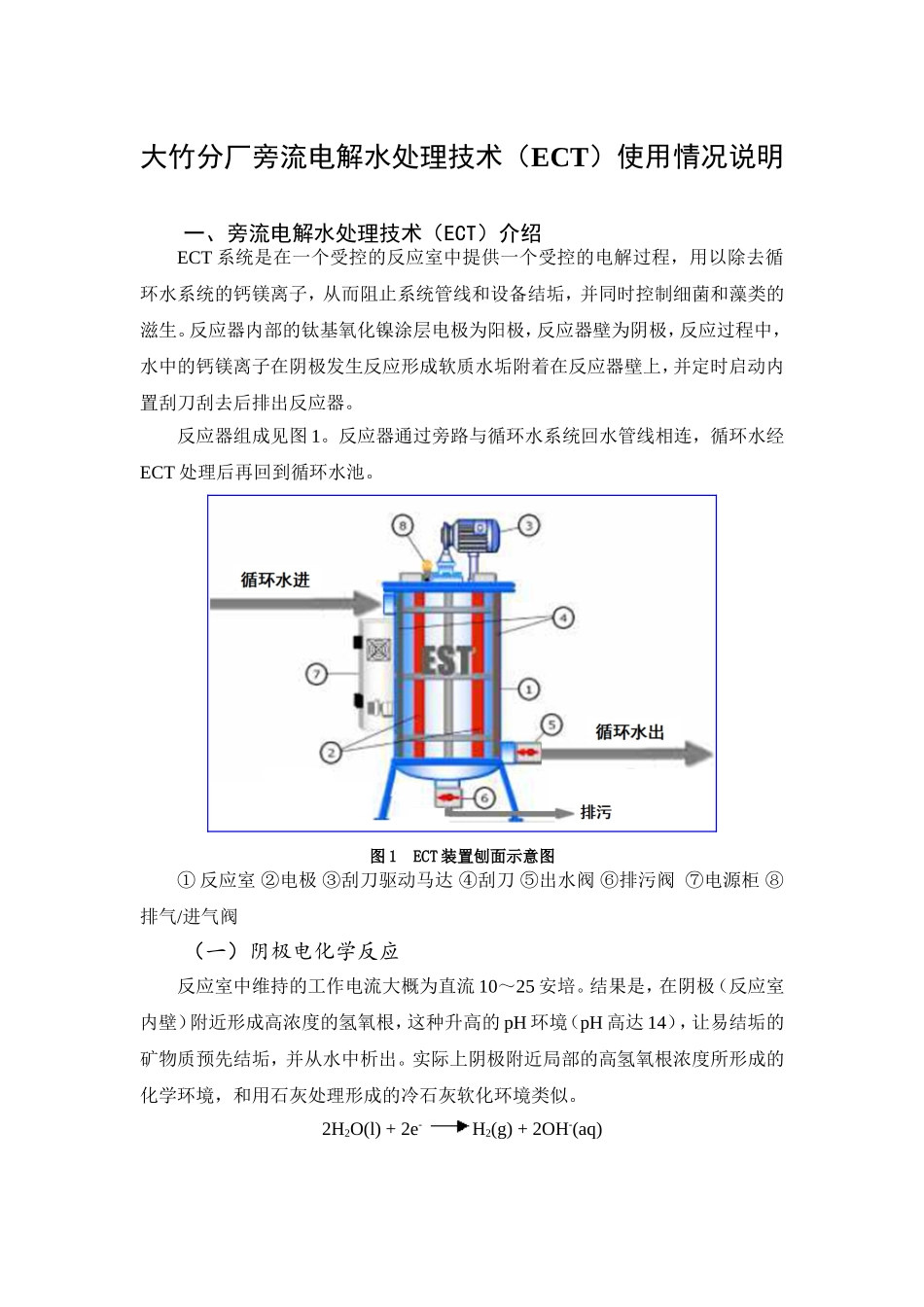 大竹分厂旁流电解水处理技术（ECT）使用情况说明  化学专业_第1页