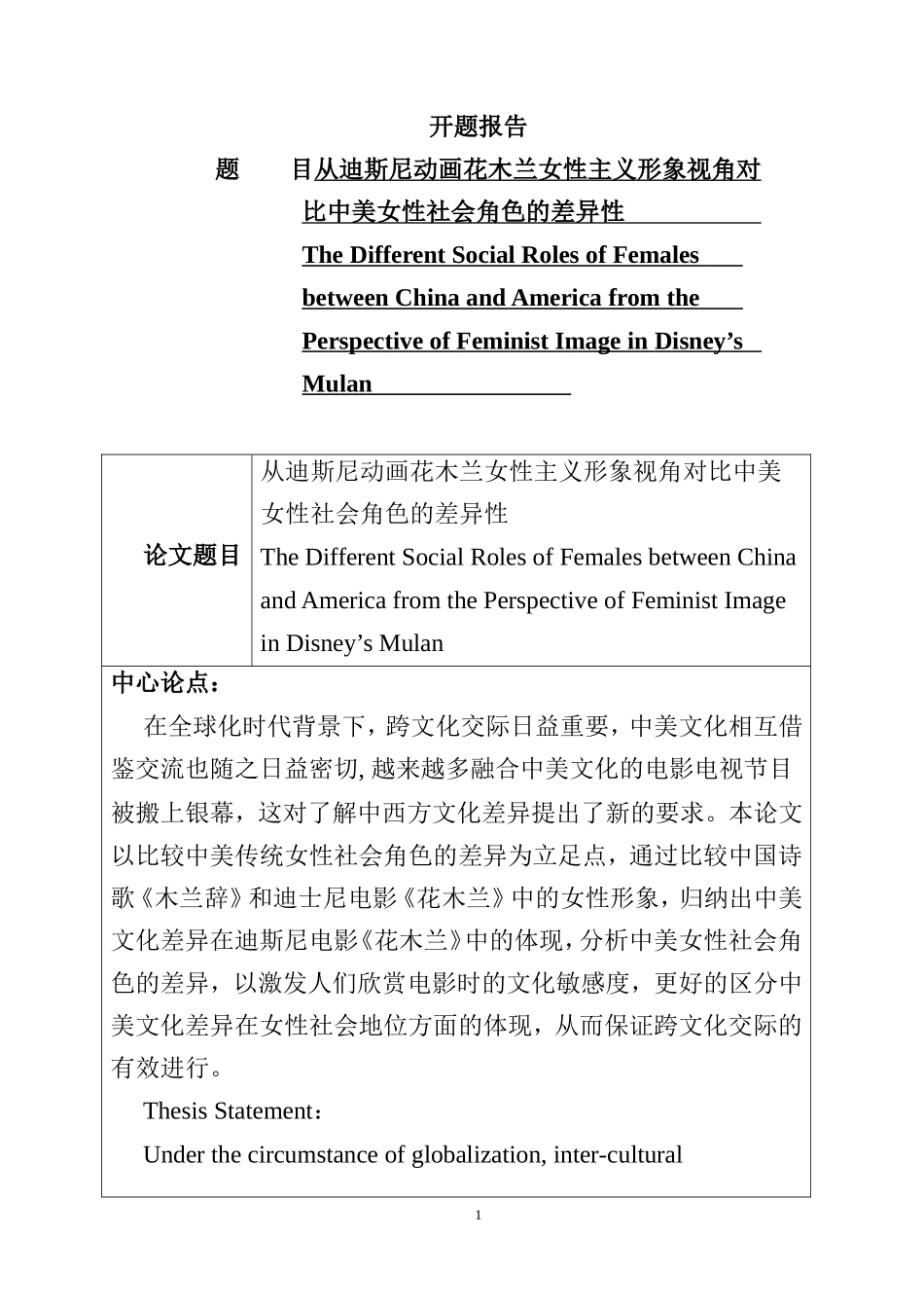 迪斯尼动画花木兰女性主义形象视开题报告  影视编导专业_第1页
