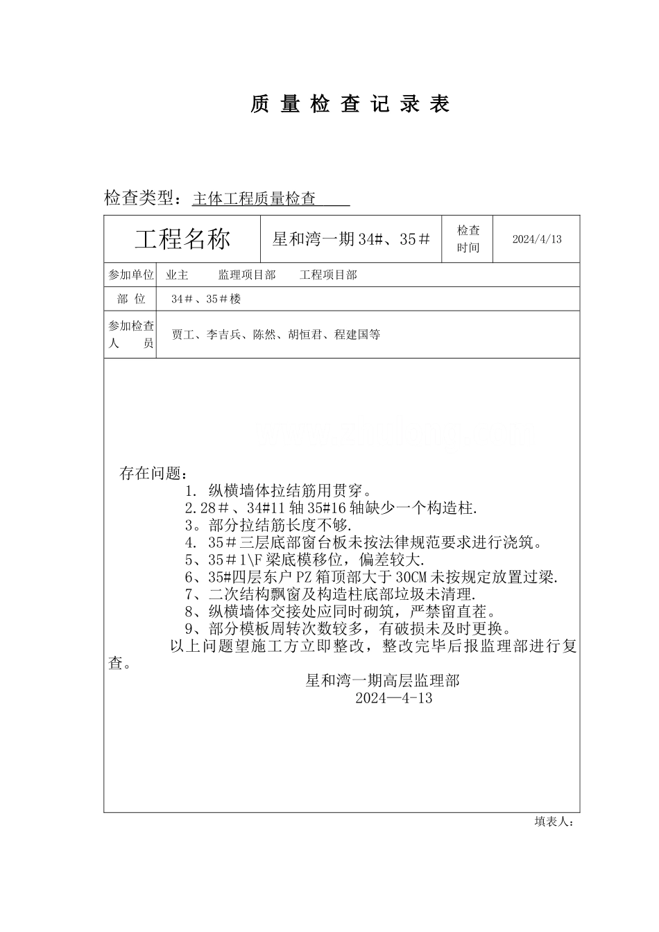 监理项目部定期安全检查记录表_第1页