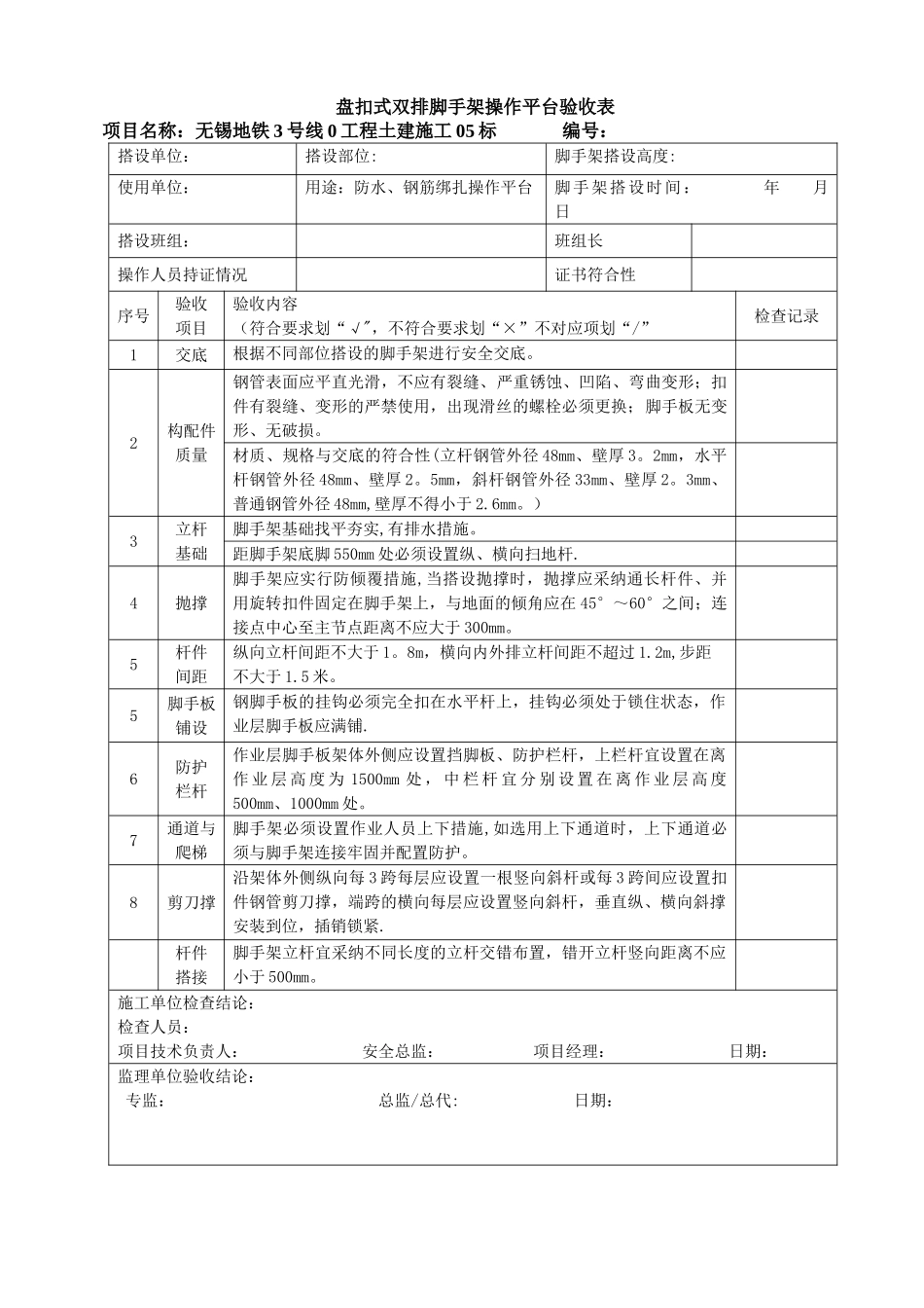 盘扣式双排脚手架操作平台验收表_第1页