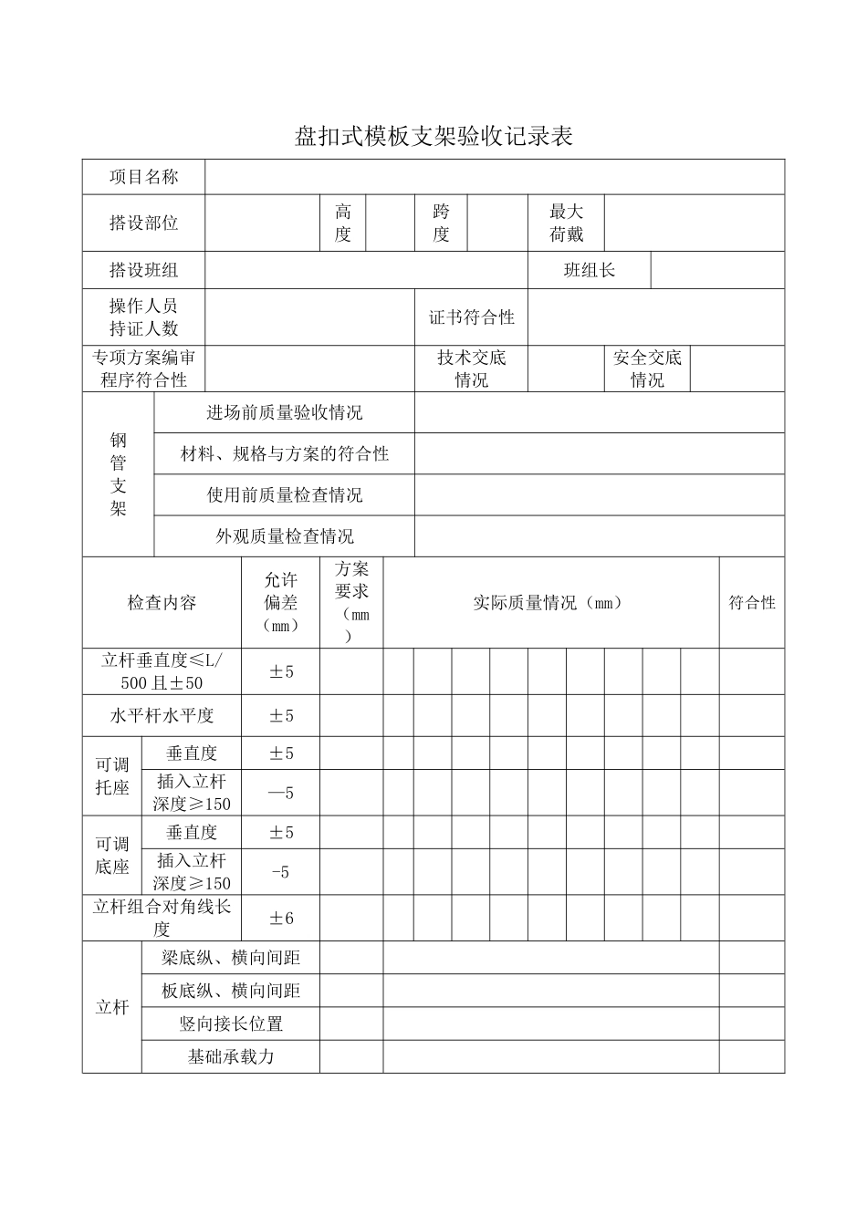 盘扣式模板支架验收记录表_第1页