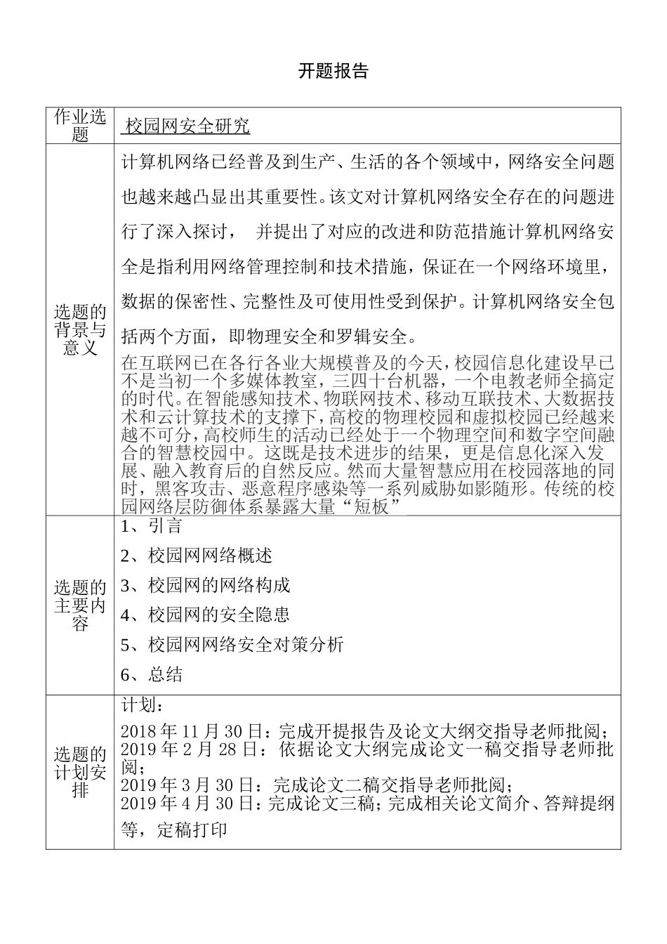 校园网安全研究  通信工程专业 开题报告_第1页