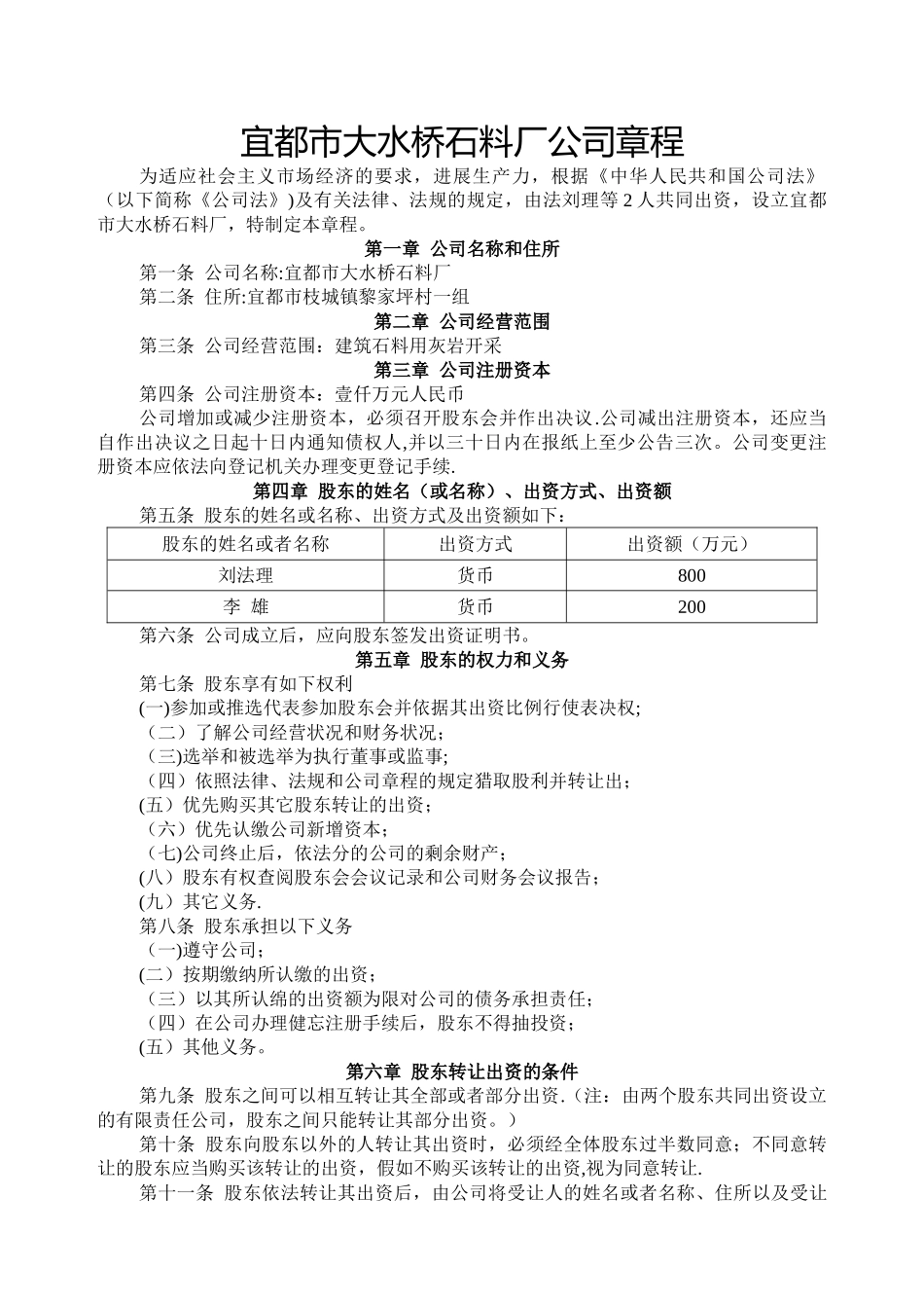 石料厂公司章程_第1页