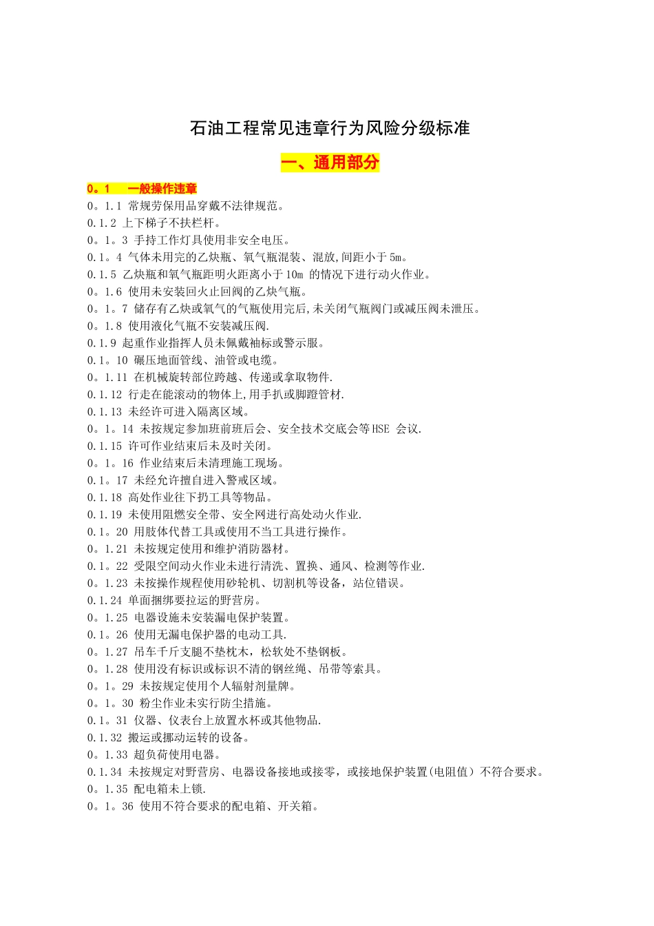 石油工程常见违章行为风险分级标准_第1页