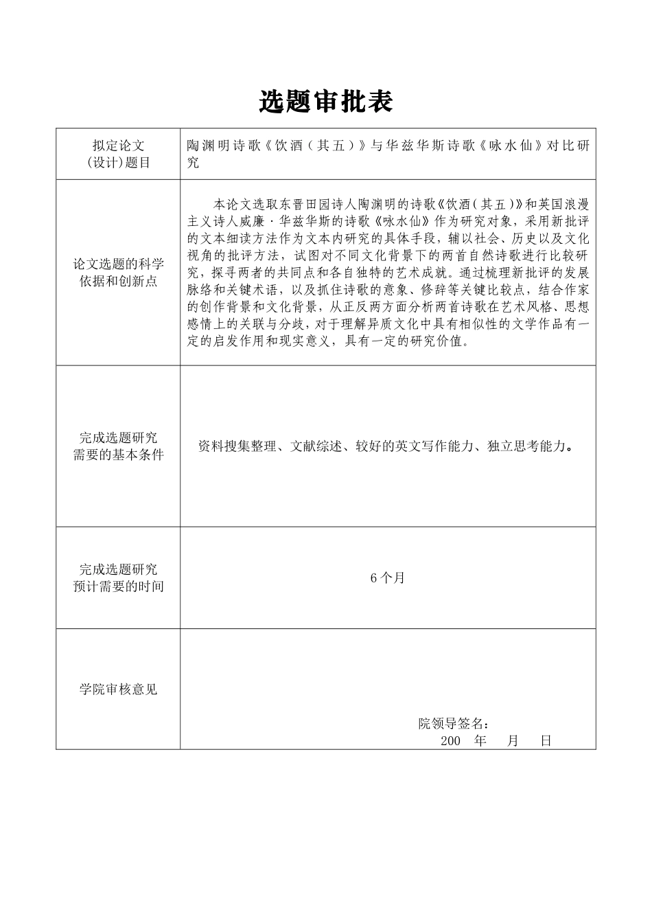 陶渊明诗歌《饮酒（其五）》与华兹华斯诗歌《咏水仙》对比研究  选题审批表_第1页