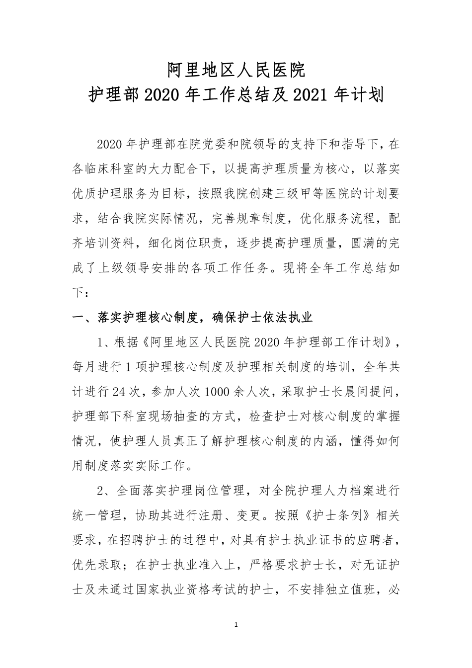 西藏阿里地区人民医院护理部2020年工作总结及2021年计划_第1页